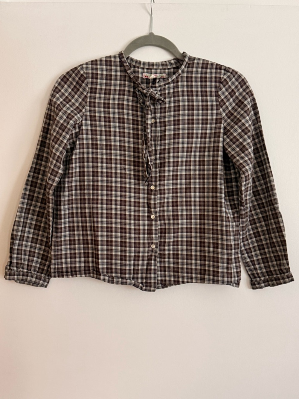 Bonpoint Plaid Cotton Blouse 12Y | Soft Flannel Feel | Tie Neck Detail